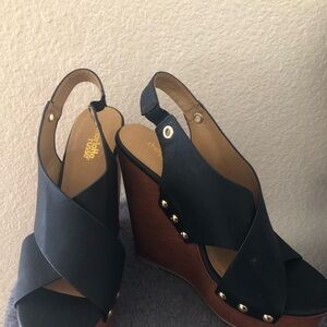 Charlotte Russe Chocolat Blu Black and Brown Wedge Sandals with Slingback